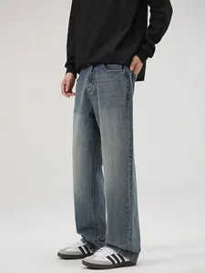 Men Retro Heavyweight Slub Denim Jeans Loose Straight Leg Pants Vintage Washed Blue Casual Cotton Denim Trousers For Men