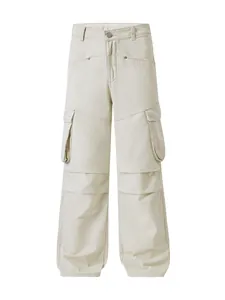 Pantalon cargo homme en coton beige style US avec poches multiples et genoux plissés