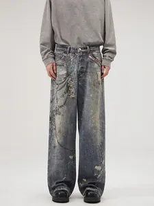 Men's American Vintage Washed Denim Jeans Streetwear Wide Leg Straight Pants With Chain Print Distressed Splatter Design