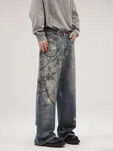 Mens baggy straight leg jeans with vintage wash and creative metal chain graphic print
