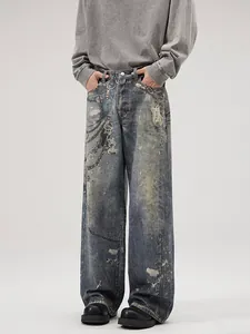 Men's baggy straight denim jeans with vintage distressed wash and chain print