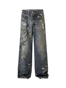 Retro loose wide-leg jeans in dark denim with vintage digital print and paint splatters