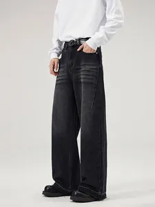 Jean Homme High Street Coupe Droite Large Délavage Rétro Bord Franc Pantalon Denim Bleu Vintage Noir