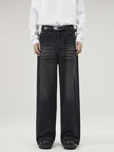 Jean large délavé gris foncé pour homme, coupe droite décontractée au style vintage chic