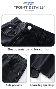 Detail view of elastic waist, side pockets, and loose cuffs on black vintage jeans
