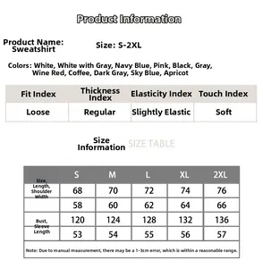 Detailed size chart for heavy 405g crewneck sweatshirt showing S to 2XL measurements