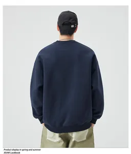 Back view of heavy cotton navy blue crewneck sweatshirt with minimalist street style look