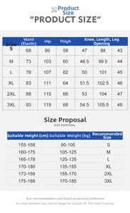 Tableau des tailles détaillé pour pantalon en coton avec mesures du S au 3XL en cm