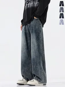 Men's Vintage Washed Straight Wide Leg Jeans American Streetwear Loose Fit Denim Pants Casual Distressed Trousers For Men