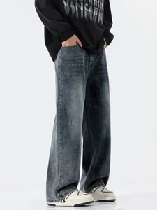 Men's retro wash black wide leg jeans with vintage whiskers and baggy streetwear fit