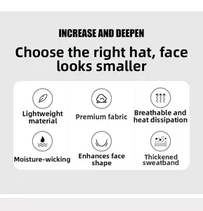 Detail infographic showing lightweight, breathable fabric and face-shaping features of the hat