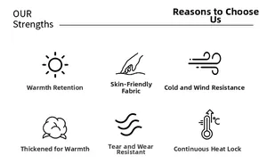 Infographic showing heat retention, skin-friendly fabric, and windproof features of the set