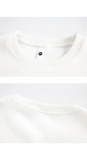 Macro detail of ribbed crew neck collar on a white 405g heavy cotton sweatshirt