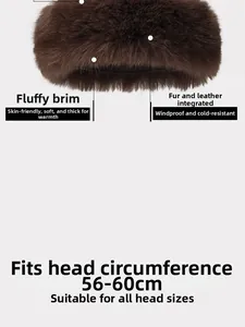 Detailed view of plush faux fur winter hat showing 56-60cm adjustable head size