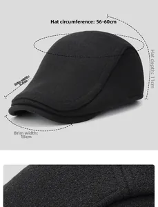 Detail view of winter newsboy hat with fabric texture and size specifications shown