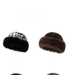 Macro detail of plush faux fur leopard print winter hats with thickened thermal ear protection
