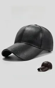 Close-up of premium PU leather texture on winter baseball cap with plush warm lining