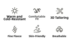 Detailed icons showing warmth retention, 3D tailoring, and comfortable fit of the knit hat