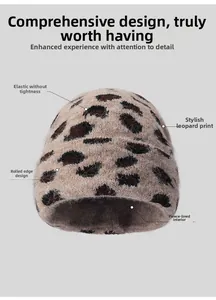 Detail of leopard print knit hat showing thick fleece lining and elastic cuff design