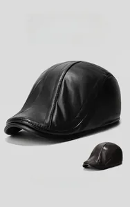 Detail view of winter PU leather newsboy cap showing plush lining and sleek stitching