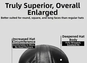 Detail of winter PU leather newsboy cap showing deep fit and enlarged hat circumference