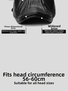 Detail view of adjustable black PU leather flat cap with 56-60cm circumference
