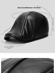 Detail of winter PU leather ivy cap showing measurement specs and fine texture