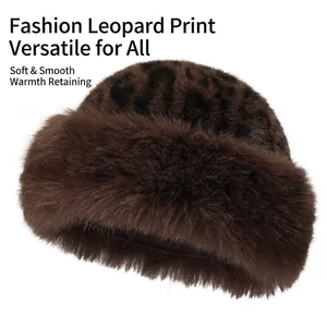 Thick faux fur leopard print Mongolian hat for women with warm ear protection feature