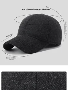 Detailed size chart for wool baseball cap with ear flaps and fabric texture