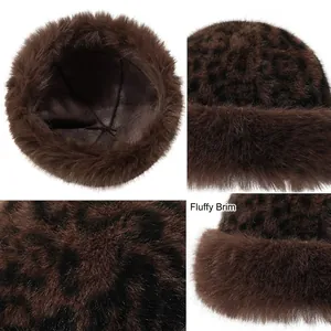 Winter leopard print faux fur Mongolian hat with thick plush lining and fluffy brim