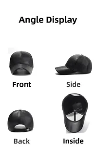 Multi-angle views of black PU leather baseball cap with fleece lining and metal buckle