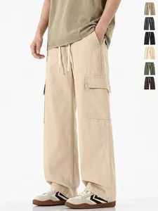 Pantalon Cargo Homme Style Japonais Vintage Multi-Poches Coupe Droite Large Décontracté en Coton avec Cordon de Serrage à la Taille
