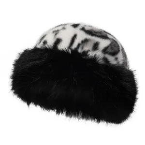 Winter faux fur leopard print Mongolian hat with thick plush ear protection and black brim