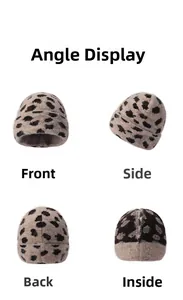 Four-angle view of leopard print knit beanie showing front side back and fleece lining