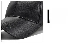 Detail of black PU leather baseball cap with pebble grain texture and FRANK embossed logo