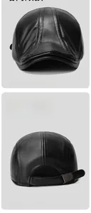 Detail of adjustable metal buckle on black PU leather beret with warm winter lining