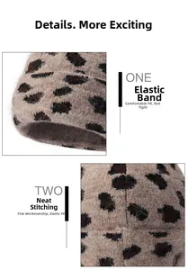 Close-up of leopard knit beanie showing elastic cuff and neat stitching details