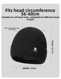 Winter knitted beanie with R patch showing dimensions 56-60cm circumference and 24.5cm height