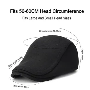 Black wool newsboy hat for men with sizing chart showing 56-60cm circumference