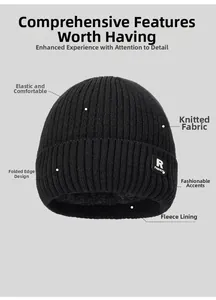 Close-up of black knitted beanie showing thick thermal fleece lining and R label