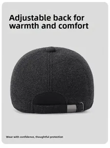 Detail view of the adjustable metal buckle and warm wool fabric texture on the baseball cap