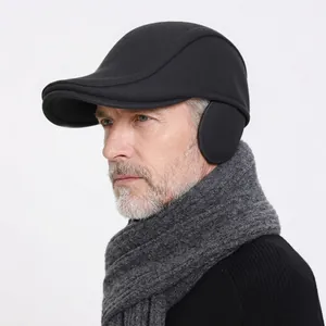Winter wool newsboy cap for men with foldable ear flaps and black warm thermal lining