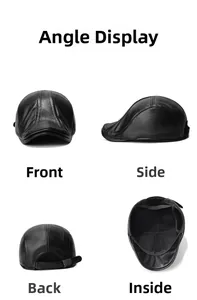 Black leather flat cap showing front, side, back views and adjustable metal buckle