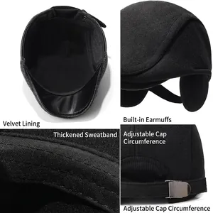 Men's winter wool flat cap with fleece lining and adjustable folding ear flaps
