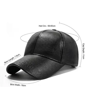 Fleece-lined black PU leather baseball cap with detailed size chart for cold winter outdoor