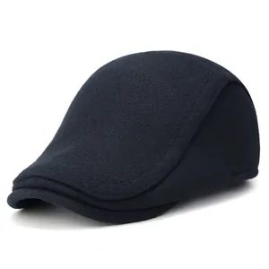 Winter wool flat cap with ear protection for men, vintage style in dark navy blue wool