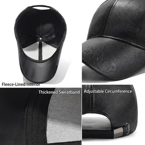 Winter black PU leather baseball cap with fleece lining and adjustable metal buckle strap