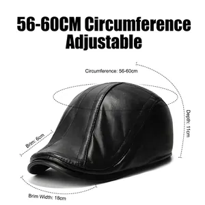Winter faux leather flat cap for men with ear flaps and detailed size measurements