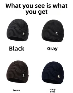 Detailed grid view showing four colors of rib-knit beanies with R Fashion labels