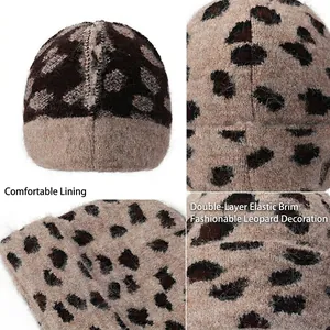 Winter cashmere leopard print knit beanie with thick fleece lining for outdoor warmth